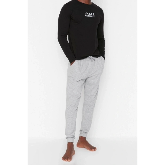 Erkek %100 Pamuk Bisiklet Yaka Uzun Kol Slogan Baskılı Regular Fit Örme Pijama Takımı