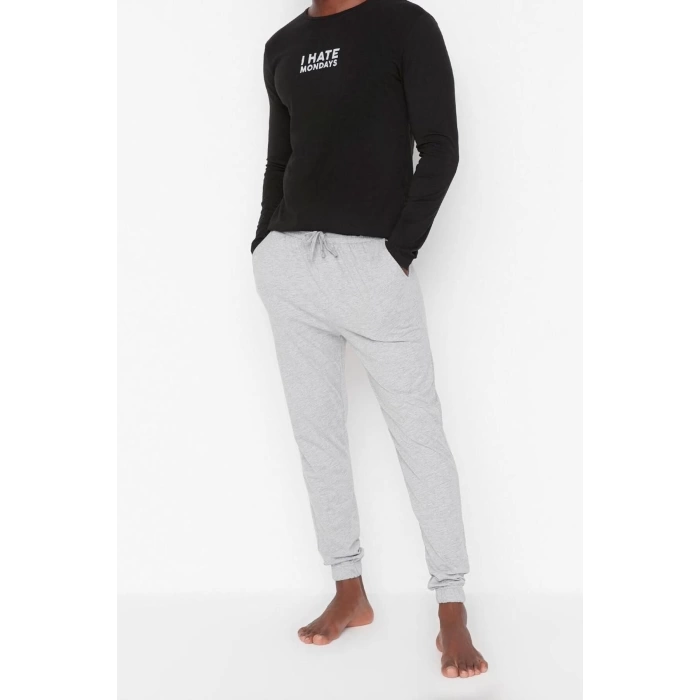 Erkek %100 Pamuk Bisiklet Yaka Uzun Kol Slogan Baskılı Regular Fit Örme Pijama Takımı