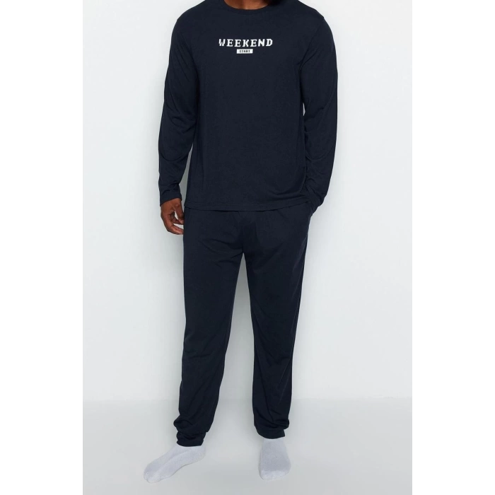 Büyük Beden Erkek Pamuklu Bisiklet Yaka Uzun Kol Baskılı Örme Pijama Takımı