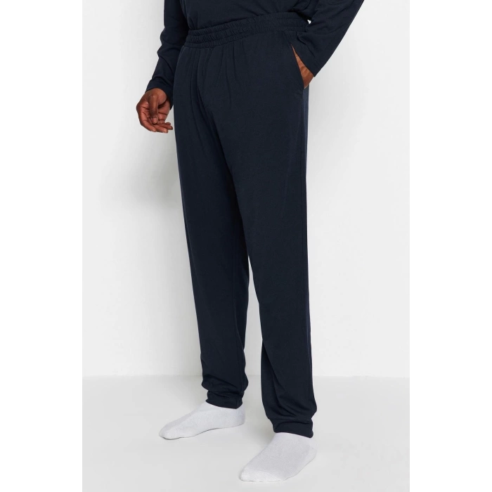 Büyük Beden Erkek Pamuklu Bisiklet Yaka Uzun Kol Baskılı Örme Pijama Takımı