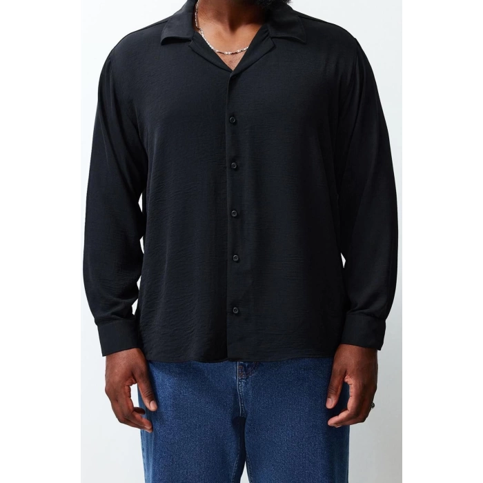 Mens Fashion Long Sleeve Woven Black Regular Fit Fit Open Collar Summer Linen Look Plus Size Shirt