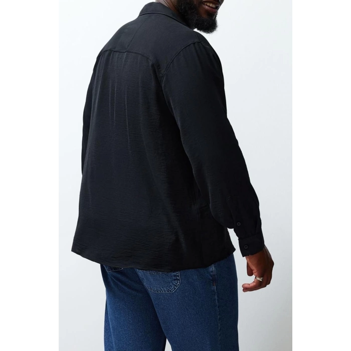 Mens Fashion Long Sleeve Woven Black Regular Fit Fit Open Collar Summer Linen Look Plus Size Shirt