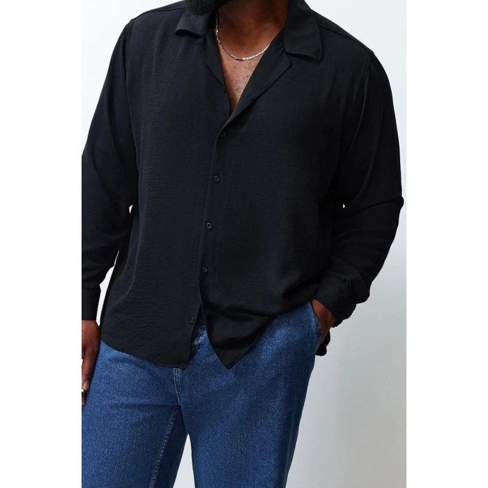 Mens Fashion Long Sleeve Woven Black Regular Fit Fit Open Collar Summer Linen Look Plus Size Shirt