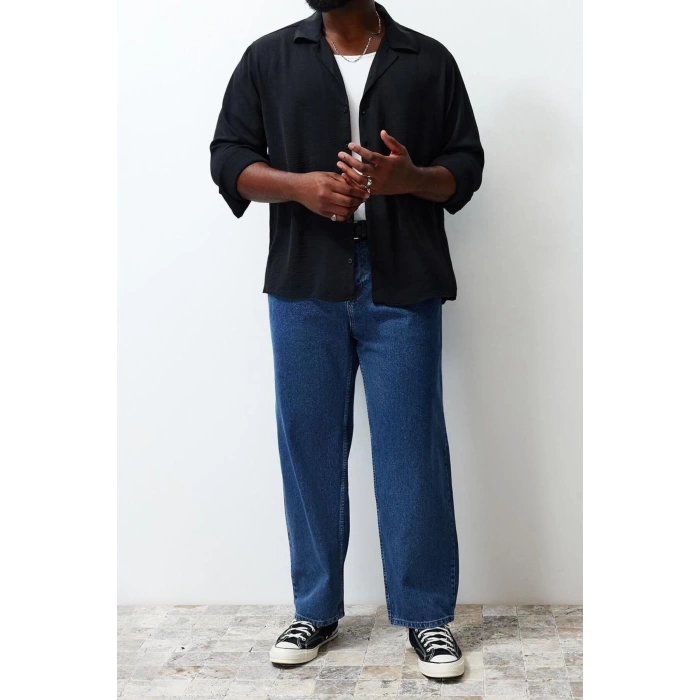 Mens Fashion Long Sleeve Woven Black Regular Fit Fit Open Collar Summer Linen Look Plus Size Shirt