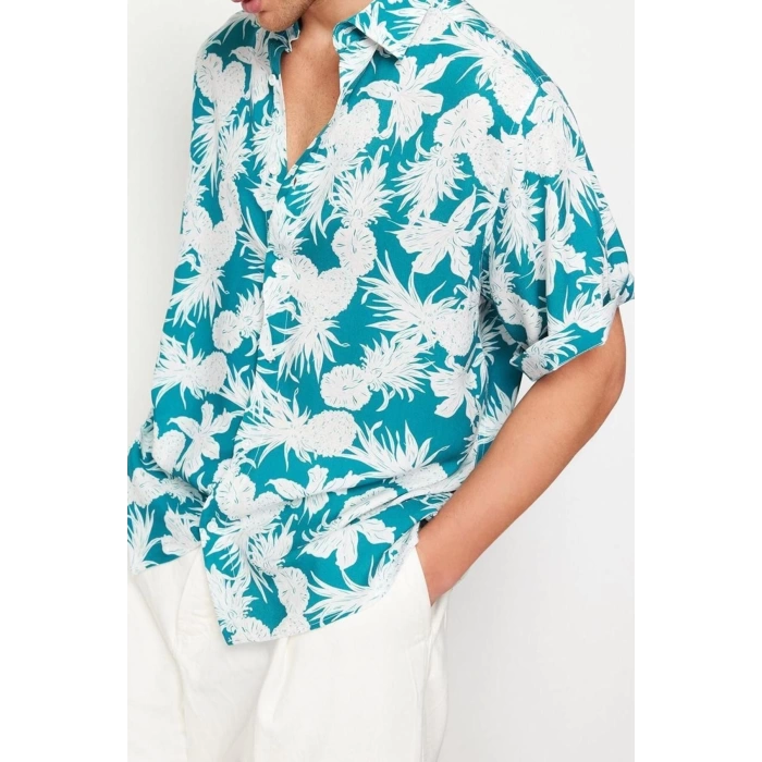 Erkek Moda Kısa Kol Dokuma Unisex Oversize Fit Ananas Baskılı %100 Viskon  Dökümlü Yazlık Gömlek