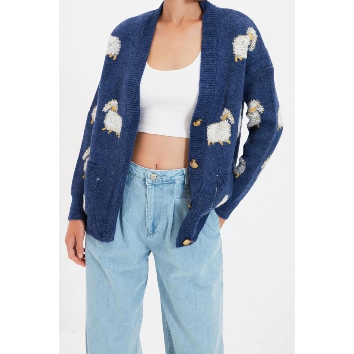 Kadın Moda Şık Regular V Yaka Regular Yumuşak Dokulu Hayvan Desenli Triko Hırka