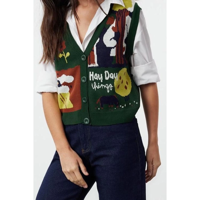 Women Fashion Stylish Regular V Neck Regular Buttoned Knitwear Vest
