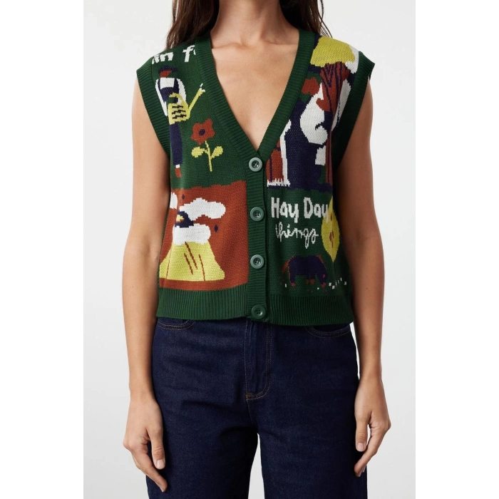 Women Fashion Stylish Regular V Neck Regular Buttoned Knitwear Vest