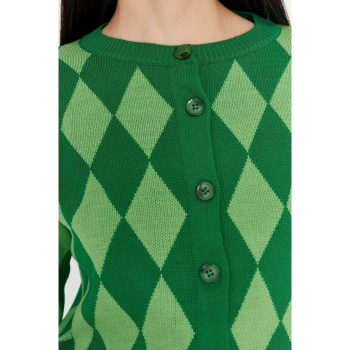 Kadın Moda Şık Crop Bisiklet Yaka Slim Crop Desenli Jakarlı Ceket Görünümlü Triko Hırka