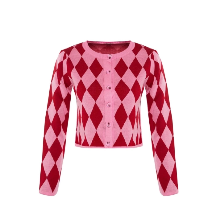 Kadın Moda Şık Crop Bisiklet Yaka Slim Crop Desenli Jakarlı Ceket Görünümlü Triko Hırka