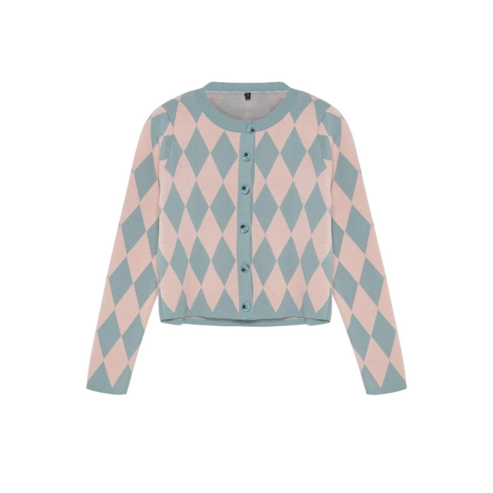 Kadın Moda Şık Crop Bisiklet Yaka Slim Crop Desenli Jakarlı Ceket Görünümlü Triko Hırka