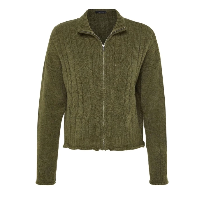 Kadın Moda Şık Crop Dik Yaka Regular Crop Yumuşak Dokulu Fermuarlı Saç Örgülü Triko Hırka