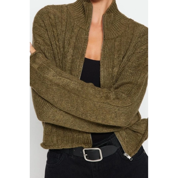 Kadın Moda Şık Crop Dik Yaka Regular Crop Yumuşak Dokulu Fermuarlı Saç Örgülü Triko Hırka