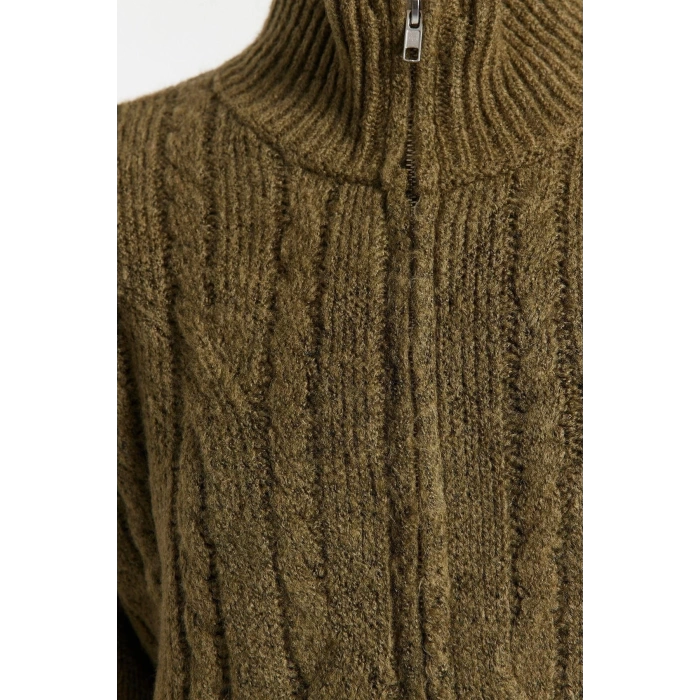 Kadın Moda Şık Crop Dik Yaka Regular Crop Yumuşak Dokulu Fermuarlı Saç Örgülü Triko Hırka