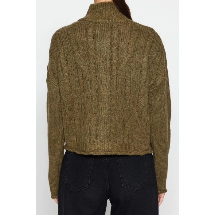 Kadın Moda Şık Crop Dik Yaka Regular Crop Yumuşak Dokulu Fermuarlı Saç Örgülü Triko Hırka