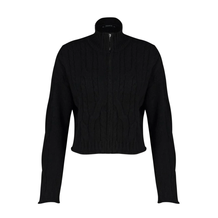 Kadın Moda Şık Crop Dik Yaka Regular Crop Yumuşak Dokulu Fermuarlı Saç Örgülü Triko Hırka