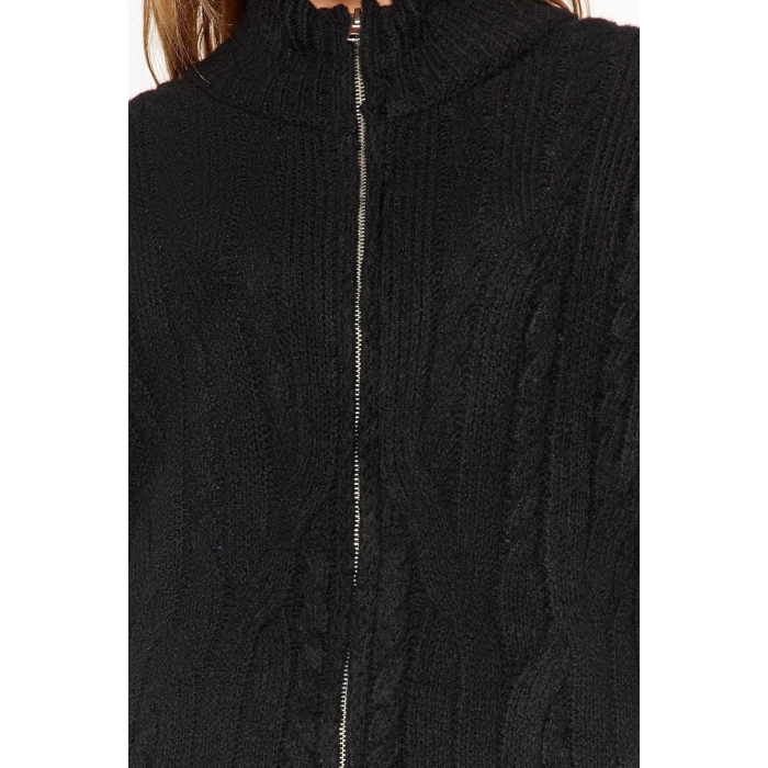 Kadın Moda Şık Crop Dik Yaka Regular Crop Yumuşak Dokulu Fermuarlı Saç Örgülü Triko Hırka
