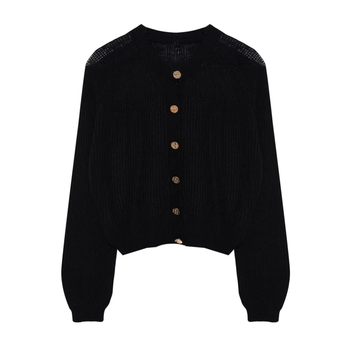 Kadın Moda Şık Crop Bisiklet Yaka Regular Crop Yumuşak Dokulu Gevşek Örgü Triko Hırka