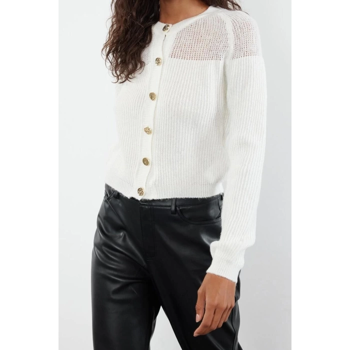 Kadın Moda Şık Crop Bisiklet Yaka Regular Crop Yumuşak Dokulu Gevşek Örgü Triko Hırka