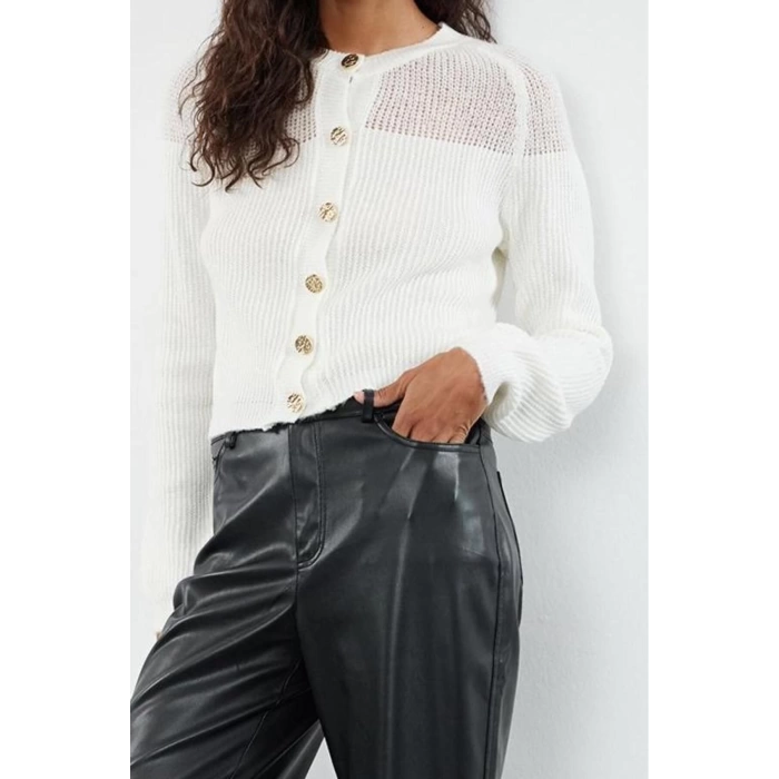 Kadın Moda Şık Crop Bisiklet Yaka Regular Crop Yumuşak Dokulu Gevşek Örgü Triko Hırka