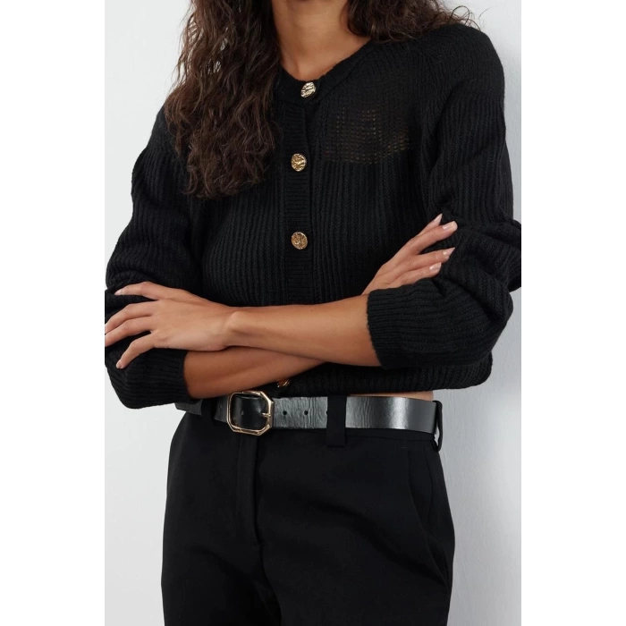 Kadın Moda Şık Crop Bisiklet Yaka Regular Crop Yumuşak Dokulu Gevşek Örgü Triko Hırka