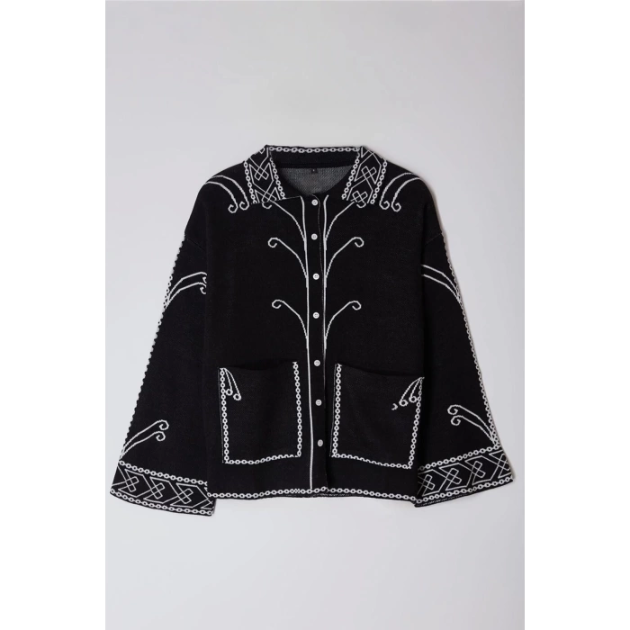Women Fashion Stylish Regular Polo Collar Regular Ethnic Patterned Knitwear Cardigan