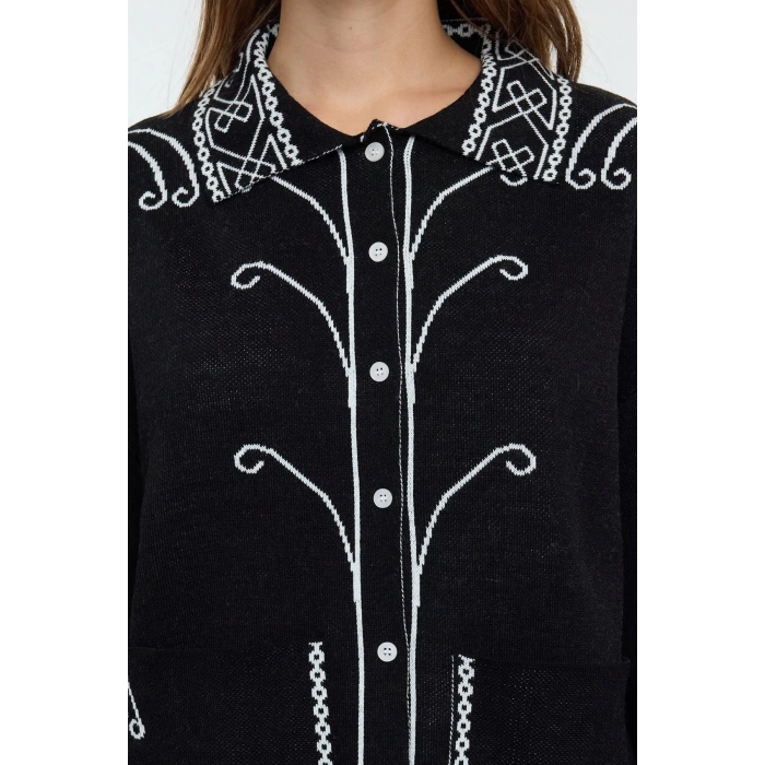 Women Fashion Stylish Regular Polo Collar Regular Ethnic Patterned Knitwear Cardigan