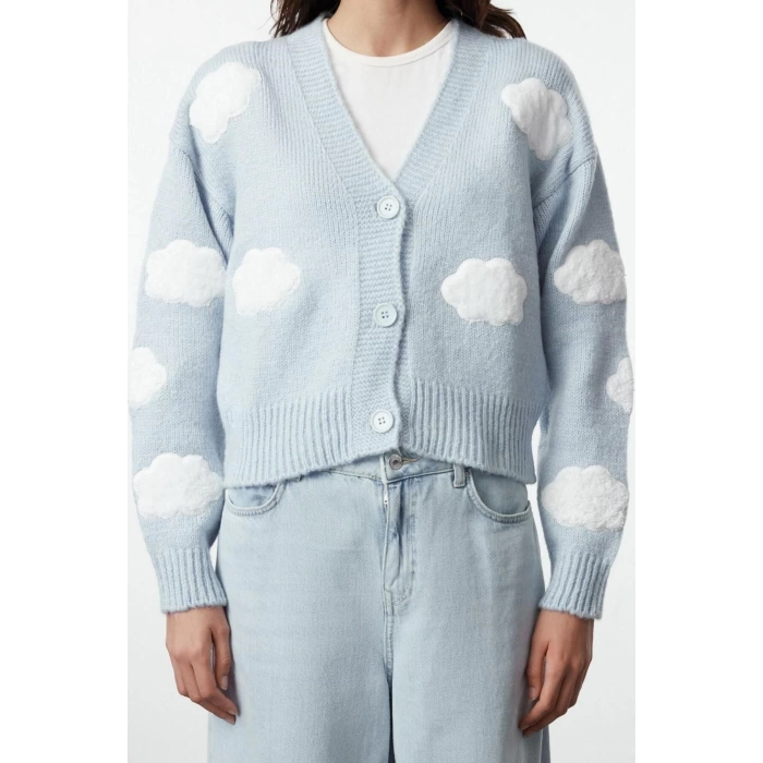 Women Fashion Stylish Crop V Neck Regular Crop Soft Texture Cloud Patterned V Neck Knitwear Cardigan