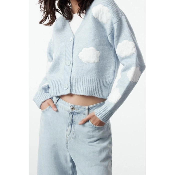 Women Fashion Stylish Crop V Neck Regular Crop Soft Texture Cloud Patterned V Neck Knitwear Cardigan