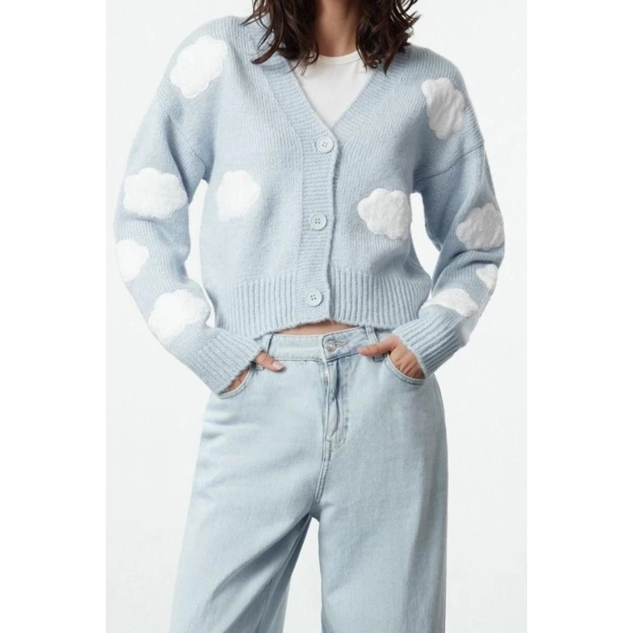 Women Fashion Stylish Crop V Neck Regular Crop Soft Texture Cloud Patterned V Neck Knitwear Cardigan