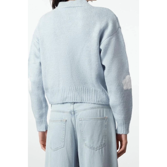 Women Fashion Stylish Crop V Neck Regular Crop Soft Texture Cloud Patterned V Neck Knitwear Cardigan