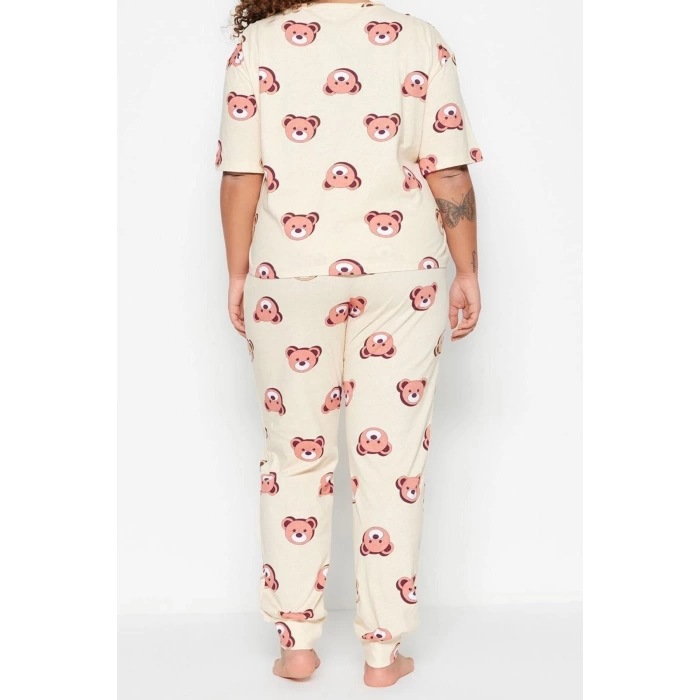 Plus Size Womens Cotton Crew Neck Short Sleeve Teddy Bear Patterned Knitted Pajama Set