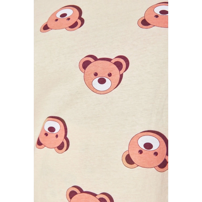 Plus Size Womens Cotton Crew Neck Short Sleeve Teddy Bear Patterned Knitted Pajama Set
