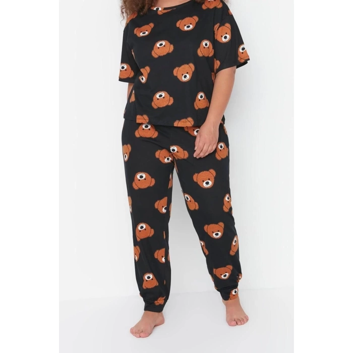 Plus Size Womens Cotton Crew Neck Short Sleeve Teddy Bear Patterned Knitted Pajama Set