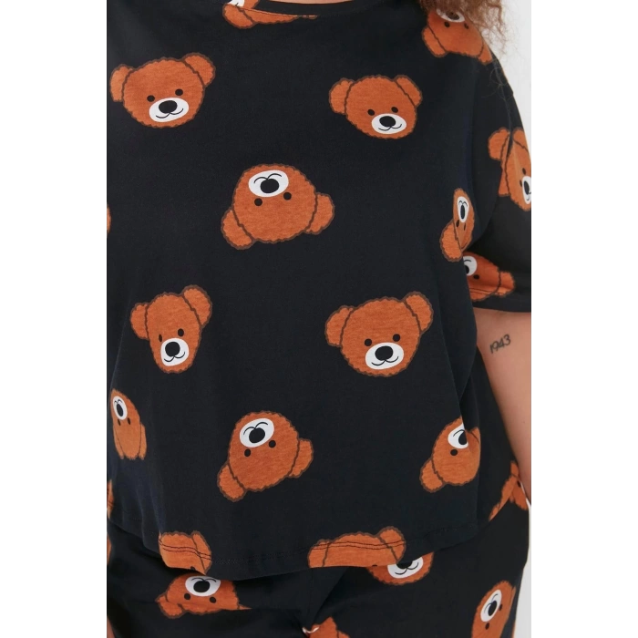 Plus Size Womens Cotton Crew Neck Short Sleeve Teddy Bear Patterned Knitted Pajama Set