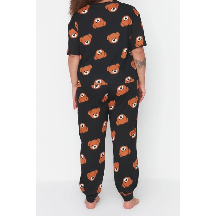 Plus Size Womens Cotton Crew Neck Short Sleeve Teddy Bear Patterned Knitted Pajama Set