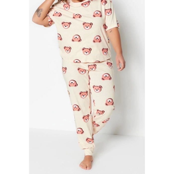 Plus Size Womens Cotton Crew Neck Short Sleeve Teddy Bear Patterned Knitted Pajama Set