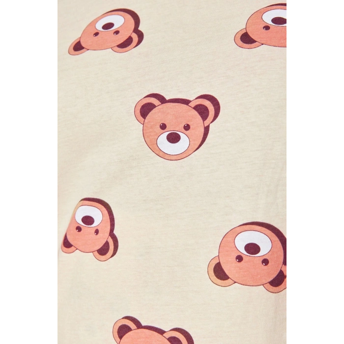 Plus Size Womens Cotton Crew Neck Short Sleeve Teddy Bear Patterned Knitted Pajama Set