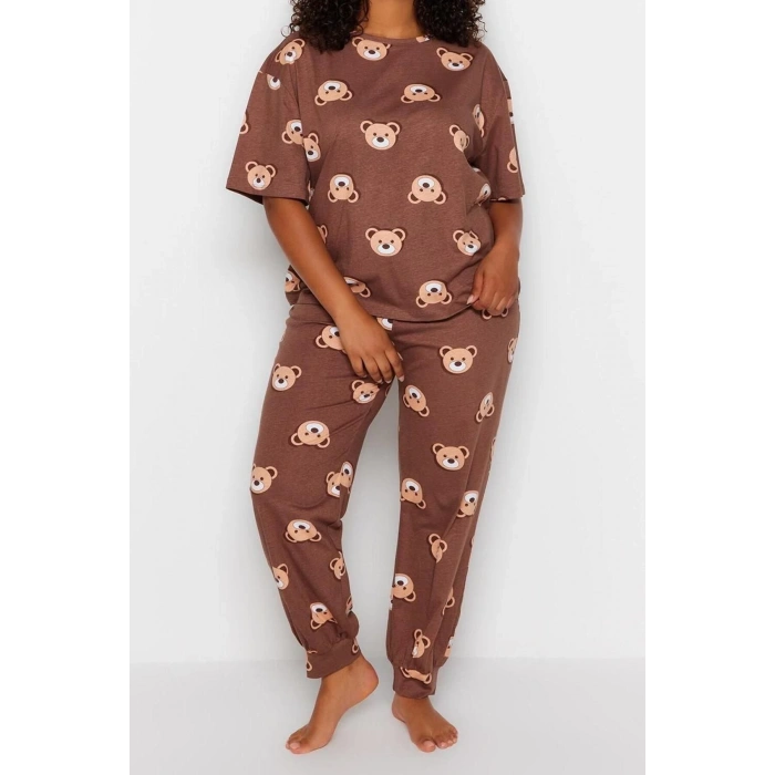 Plus Size Womens Cotton Crew Neck Short Sleeve Teddy Bear Patterned Knitted Pajama Set