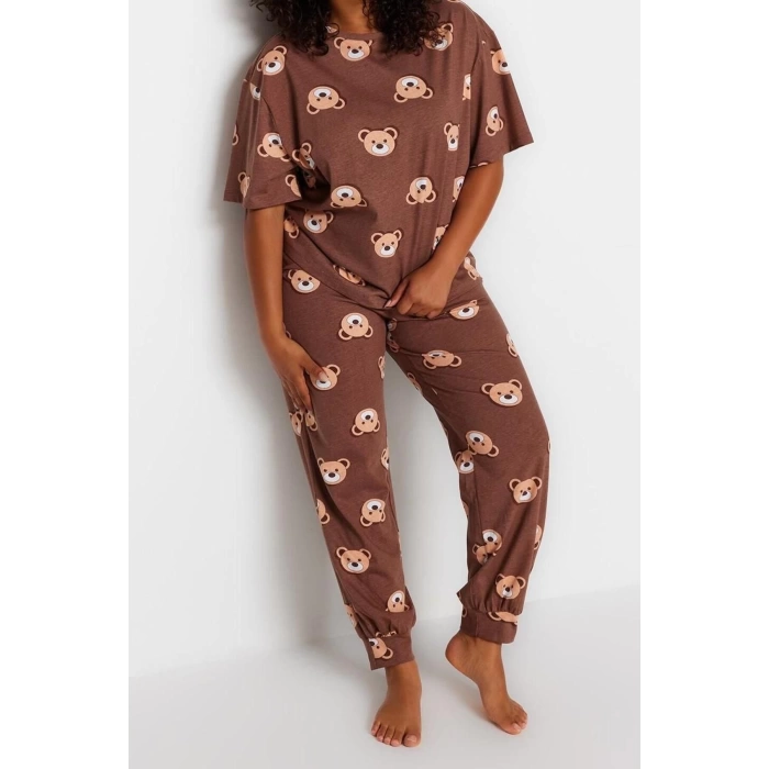 Plus Size Womens Cotton Crew Neck Short Sleeve Teddy Bear Patterned Knitted Pajama Set