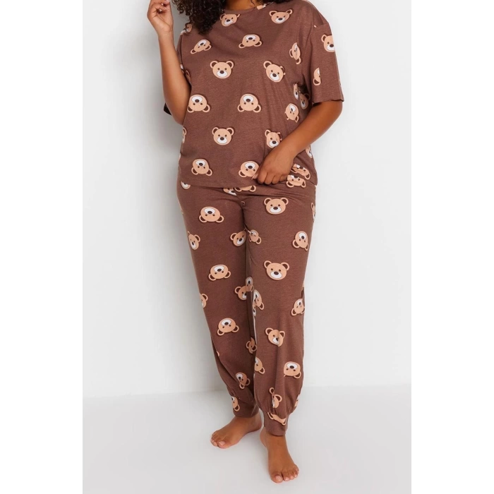 Plus Size Womens Cotton Crew Neck Short Sleeve Teddy Bear Patterned Knitted Pajama Set