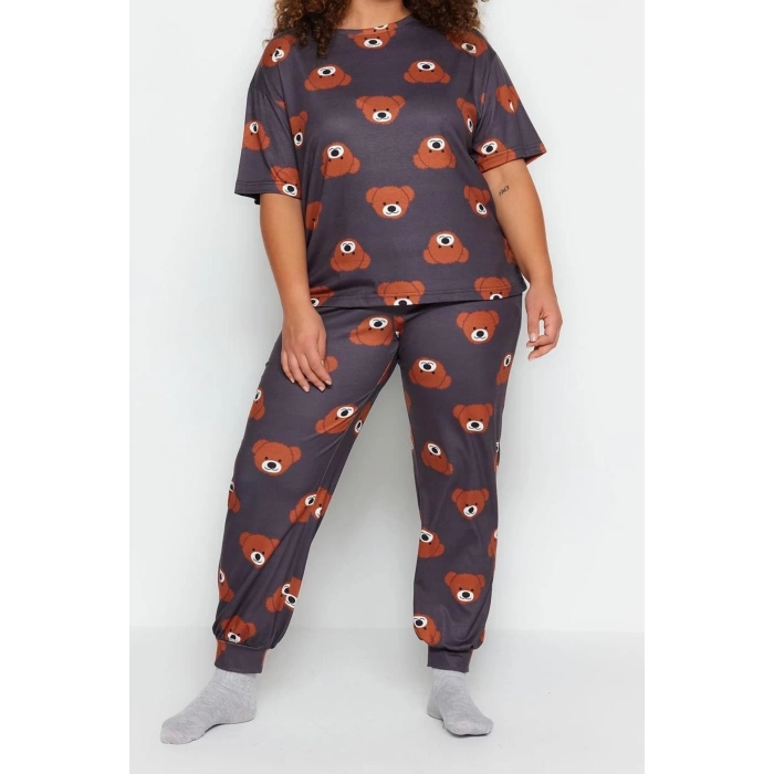 Plus Size Womens Cotton Crew Neck Short Sleeve Teddy Bear Patterned Knitted Pajama Set