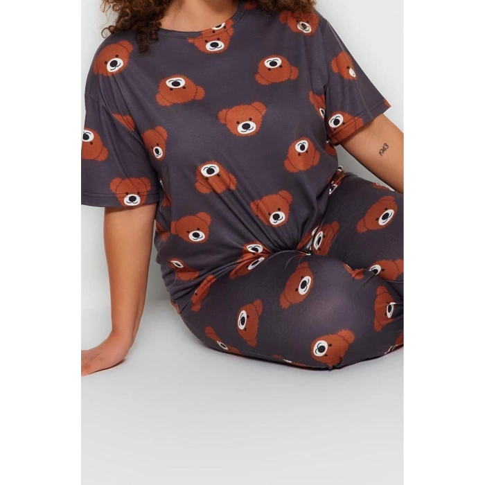Plus Size Womens Cotton Crew Neck Short Sleeve Teddy Bear Patterned Knitted Pajama Set