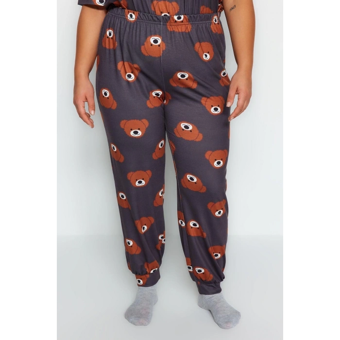 Plus Size Womens Cotton Crew Neck Short Sleeve Teddy Bear Patterned Knitted Pajama Set