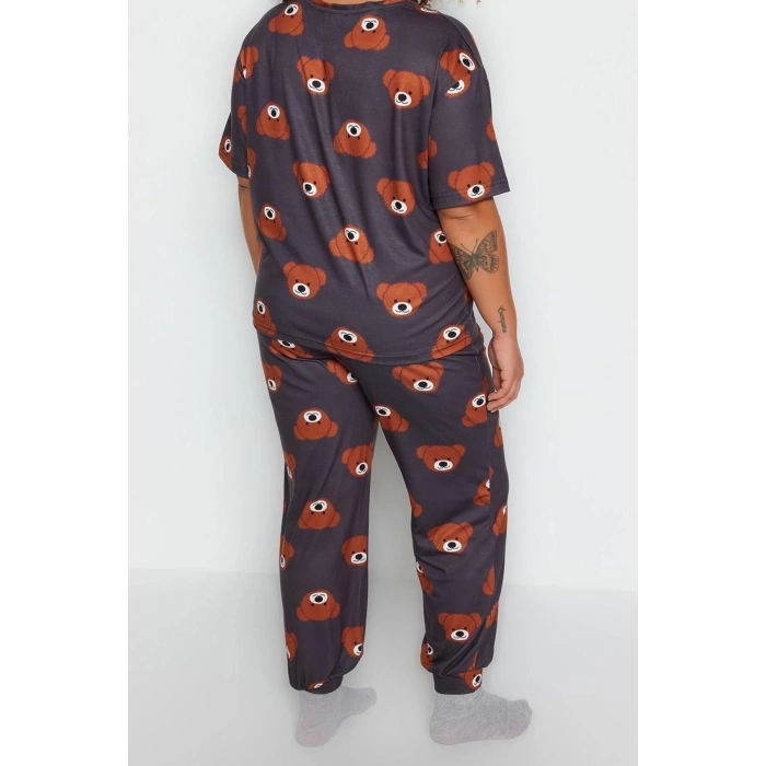 Plus Size Womens Cotton Crew Neck Short Sleeve Teddy Bear Patterned Knitted Pajama Set