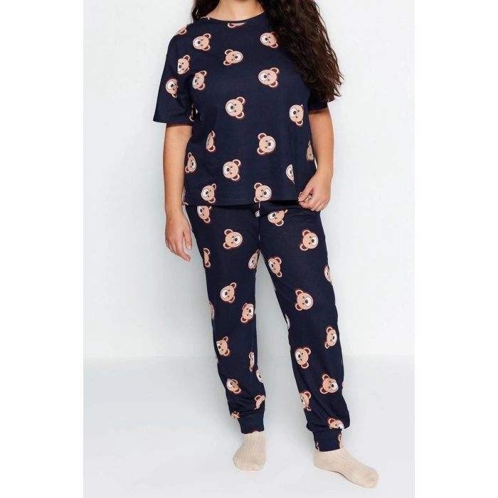Plus Size Womens Cotton Crew Neck Short Sleeve Teddy Bear Patterned Knitted Pajama Set