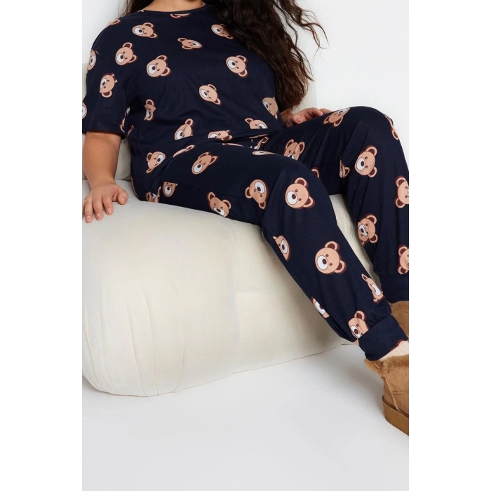 Plus Size Womens Cotton Crew Neck Short Sleeve Teddy Bear Patterned Knitted Pajama Set