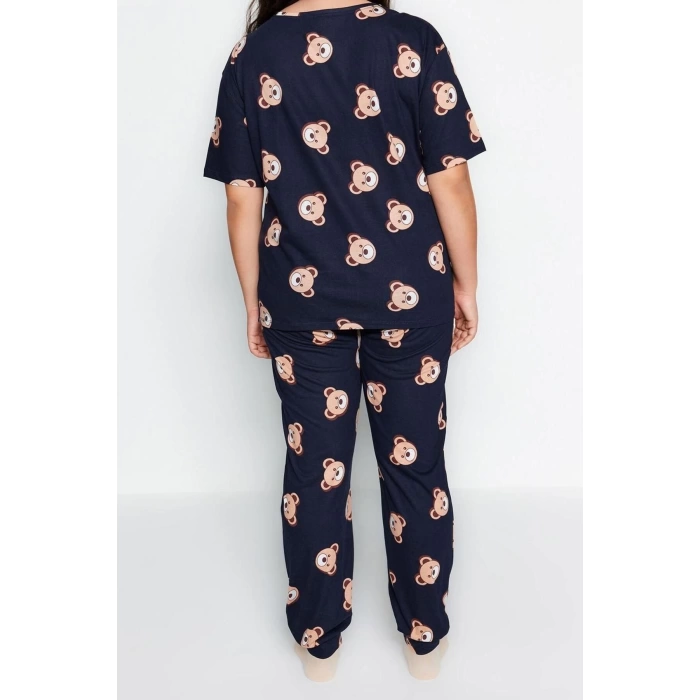 Plus Size Womens Cotton Crew Neck Short Sleeve Teddy Bear Patterned Knitted Pajama Set