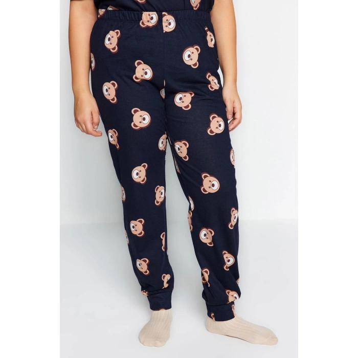 Plus Size Womens Cotton Crew Neck Short Sleeve Teddy Bear Patterned Knitted Pajama Set