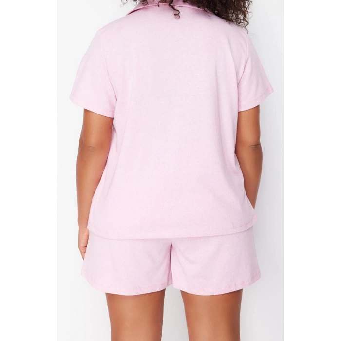 Büyük Beden Kadın Pamuklu Gömlek Yaka Kısa Kol Pamuklu Ayıcık Nakışlı Örme Pijama Takımı